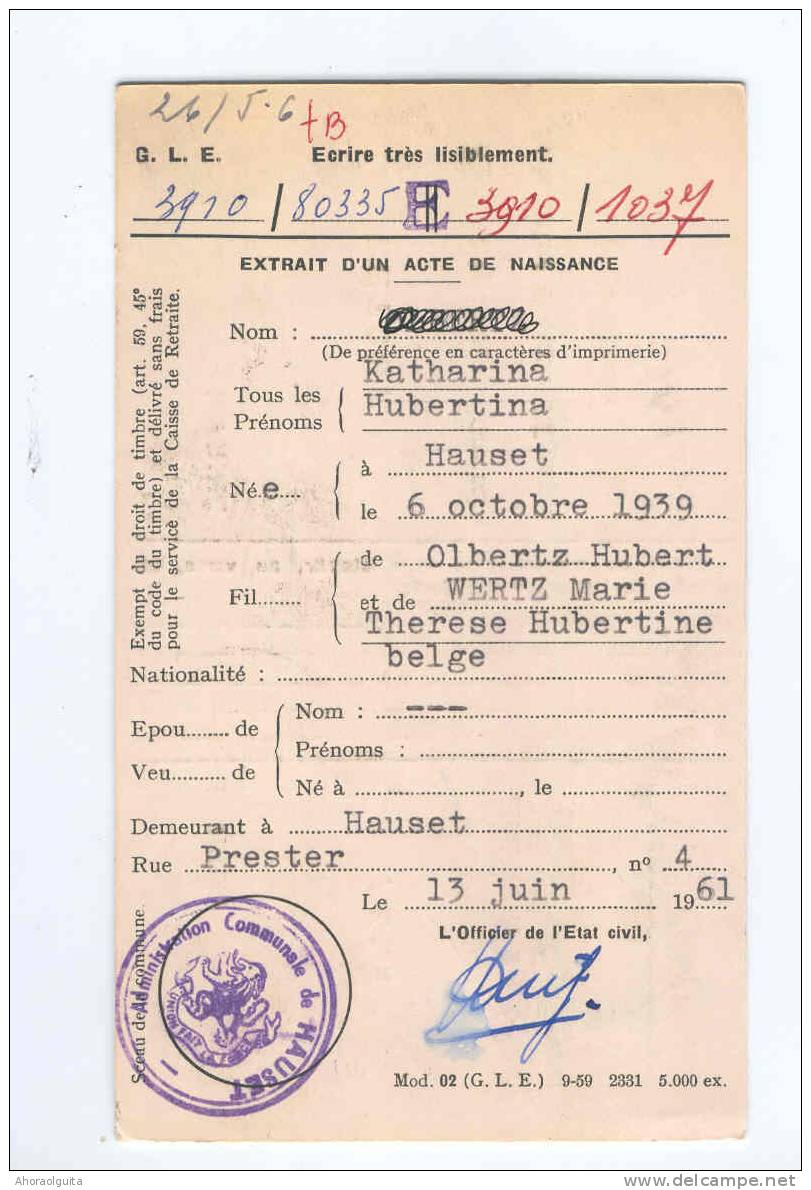 CANTONS DE L´EST - Carte Caisse De Retraite HERGENRATH 1961 - Cachet De La Commune De HAUSET Au Verso  --  NN964 - Postkantoorfolders