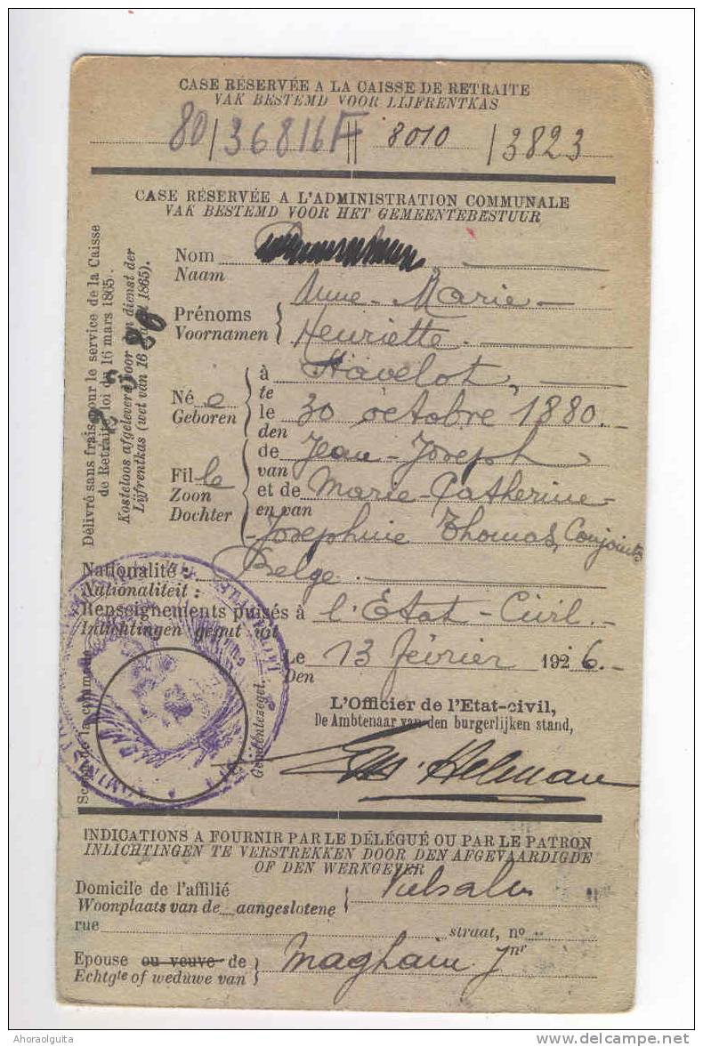 CANTONS DE L´EST - Carte Caisse De Retraite STAVELOT 1926 - Cachet De La Commune Au Verso  --  NN970 - Volantini Postali