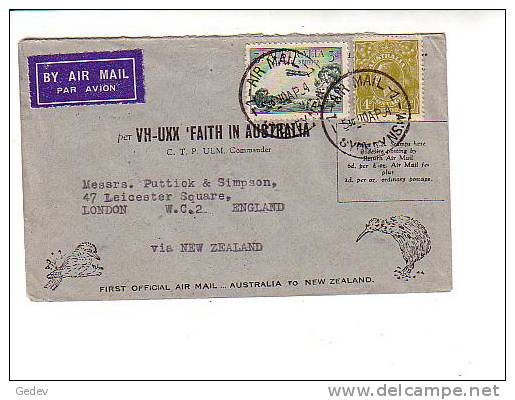 Lettre Aviation Australie London Via New Zealand + Cachet First Official Air Mail 1934 Au Verso (109) - Briefe U. Dokumente