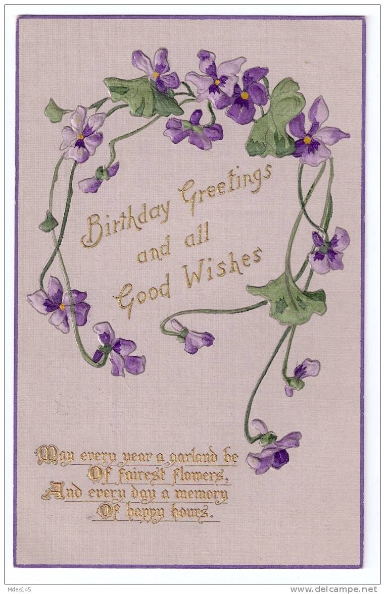 Embossed Gilded Violets Vintage Tuck Birthday Poem Postcard E - Birthday