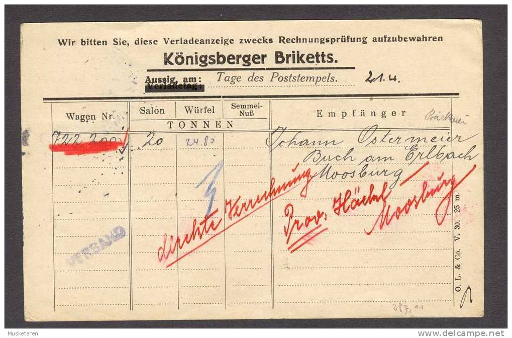 Czechoslovakia Drucksache Rechnung Königsberg Briketts 1943 To Montana Gesellschaft München Germany (2 Scans) - Covers & Documents