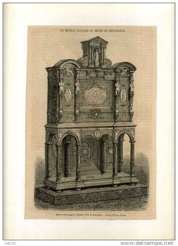 - UN MEUBLE FRANCAIS AU MUSEE DE KENSINGTON . GRAVURE SUR BOIS DU XIXe S. DECOUPEE ET COLLEE SUR PAPIER A DESSIN - Otros & Sin Clasificación