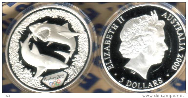 AUSTRALIA $5 SYDNEY OLYMPICS SHARK  QEII HEAD 1YEAR 2000 1Oz SILVER COLOURED PROOF KM? READ DESCRIPTION CAREFULLY!! - Ongebruikte Sets & Proefsets