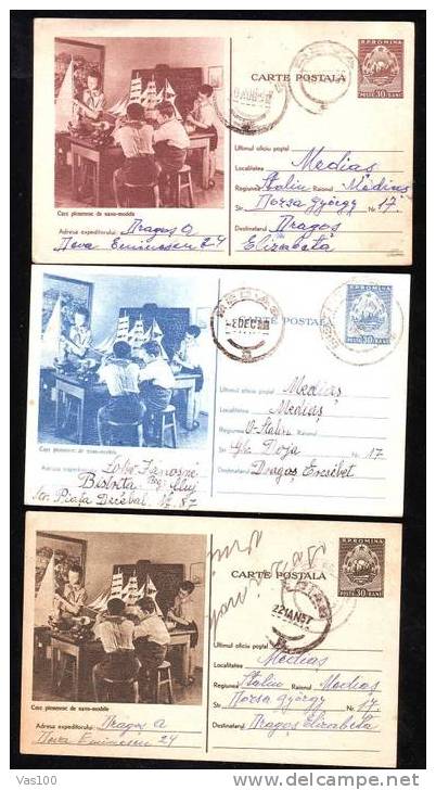 Romania 1957 Very Rare 3x Diff.color Entire Postal Stationery Postcard Pioner Construction Ship. - Marittimi