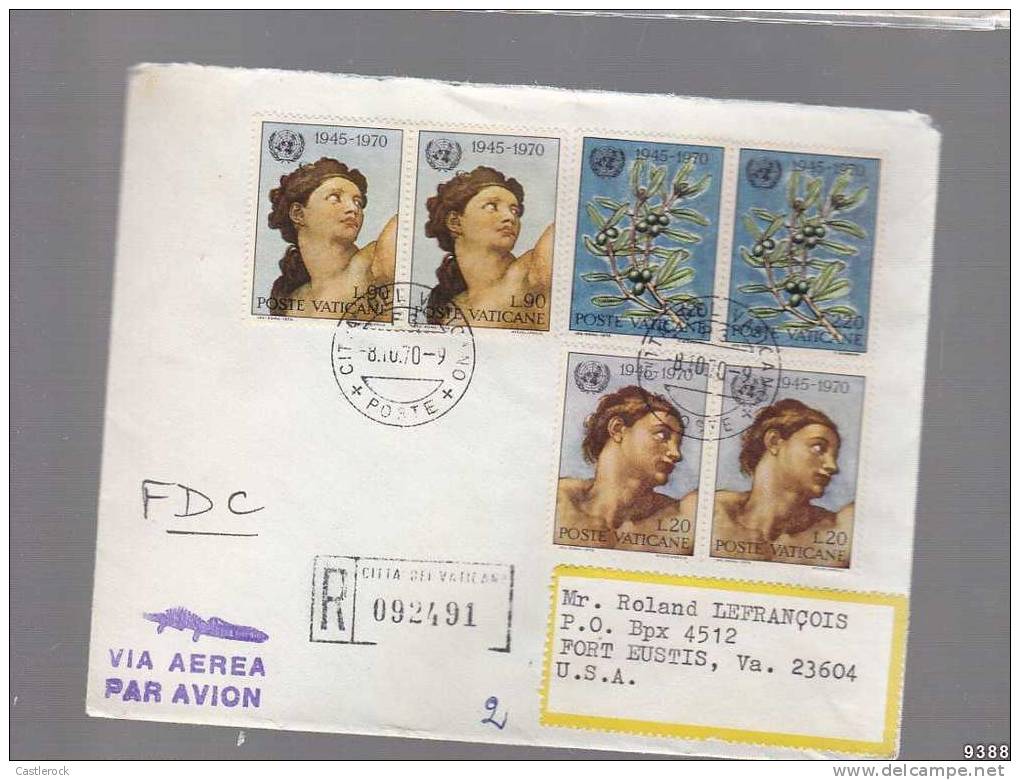 1970, SANTA SEDE (VATICANO), A)MULTIPLE FDC TO FORT EUSTIS USA REGISTERED NUMBER AND VIA AEREA PAR AVION VIOLET SEAL - Other & Unclassified