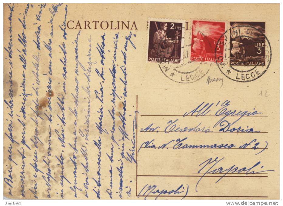 1946 L.3 (fiaccola) DEMOCRATICA - Viaggiata 1947 Da Monteroni Di Lecce Napoli (Filagr.C131A) - Interi Postali