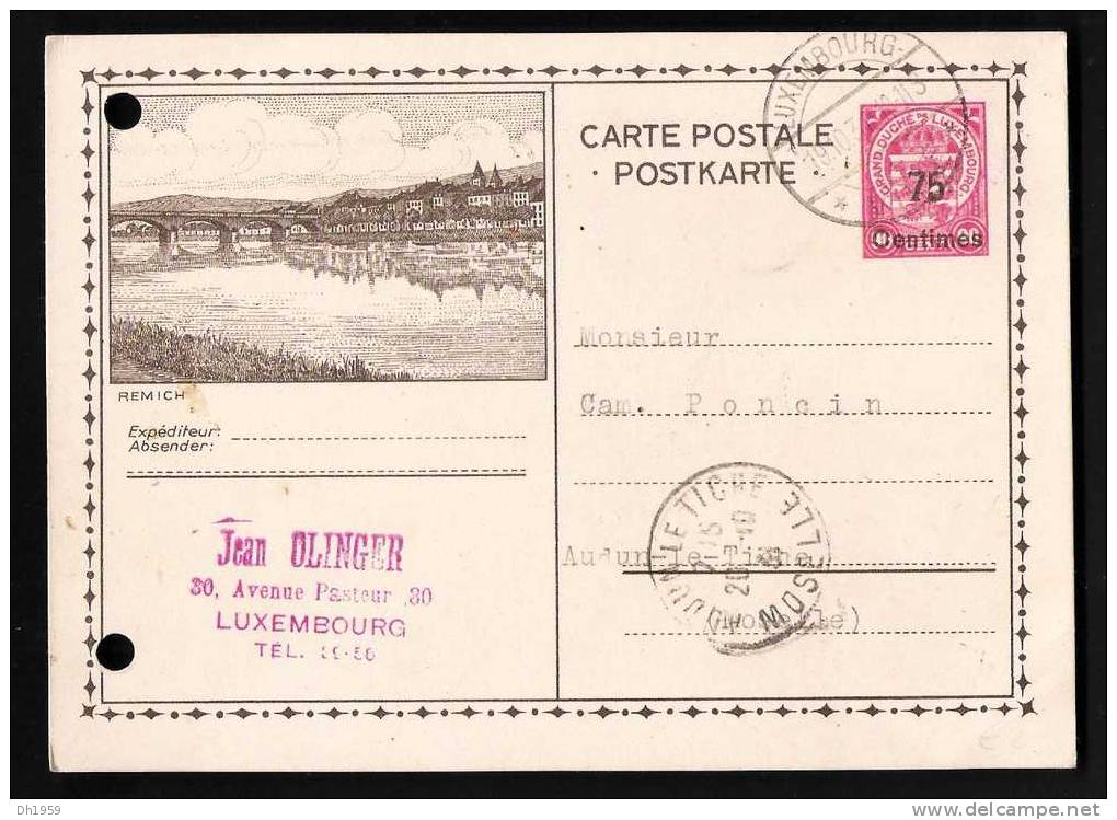 REMICH  1931  LUXEMBOURG ENTIER AVEC SURCHARGE POUR AUDUN-LE-TICHE MOSELLE - Remich