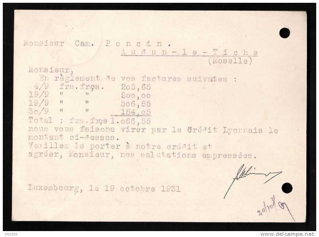 REMICH  1931  LUXEMBOURG ENTIER AVEC SURCHARGE POUR AUDUN-LE-TICHE MOSELLE - Remich