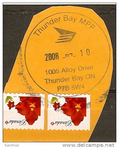 CANADA 2008 2 STAMPS ON PIECE AND THUNDER BAY ON CANCELLATION - Cartas & Documentos