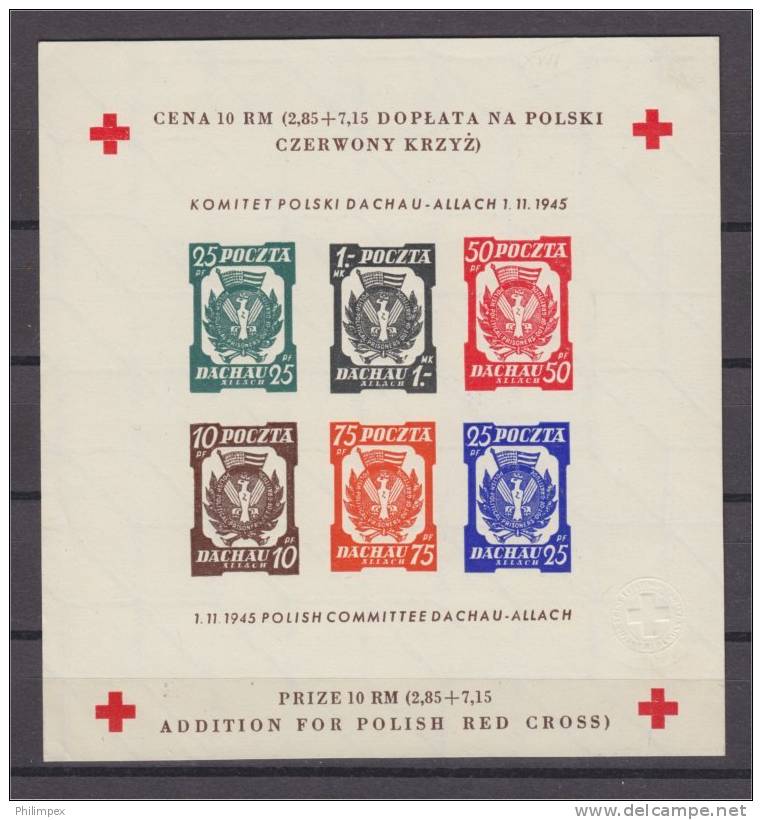 POLAND, DACHAU SOUVENIR SHEETS 1945, PERF + IMPERF., TWO  DIFFERENT WATERMARK TYPES - Verschlussmarken Der Befreiung