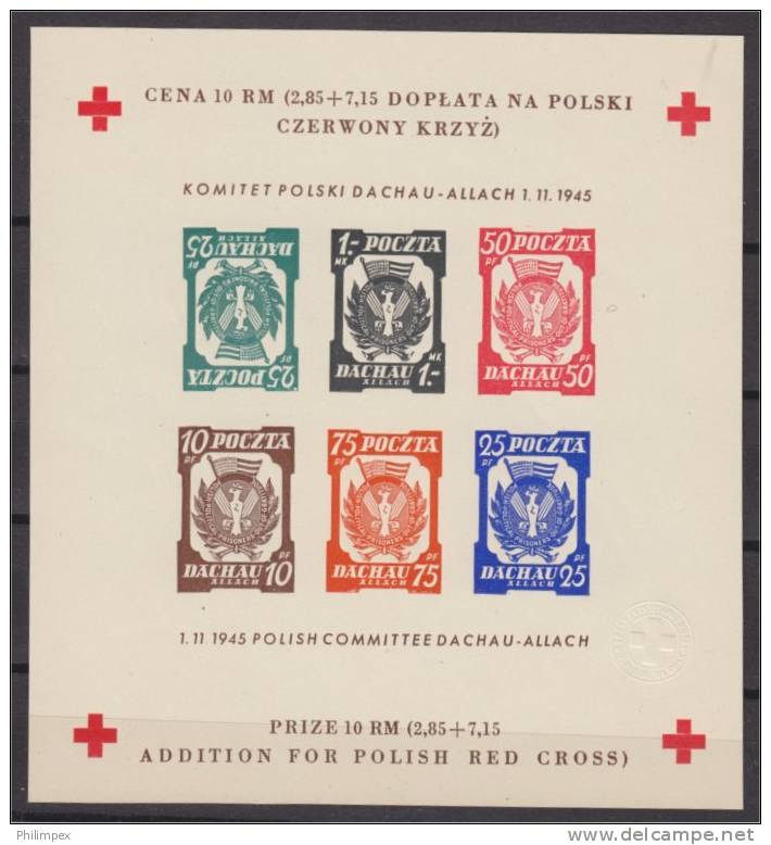 POLAND, DACHAU SOUVENIR SHEETS 1945, RARITIES: 25PF Stamp Inverted!!! - Vignettes De La Libération