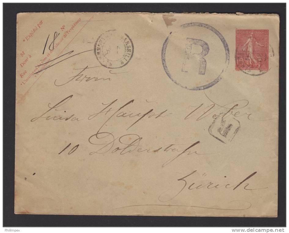 FRANCE, STATIONERY ENVELOPE REGISTERED 1903 TO SWITZERLAND, ADDITIONAL FRANKING! - Standard Covers & Stamped On Demand (before 1995)