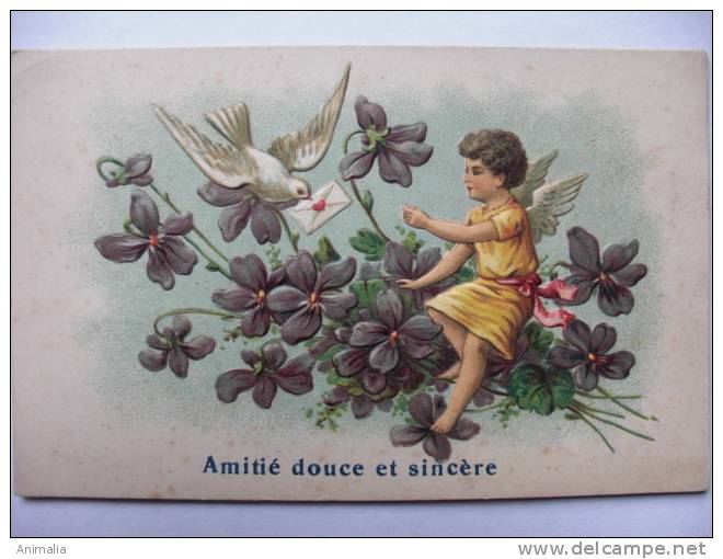 Angelot Angel Cupid Gaufrée Embossed  2 Cartes Set Of 2 Violettes Myosotis Colombes - Anges