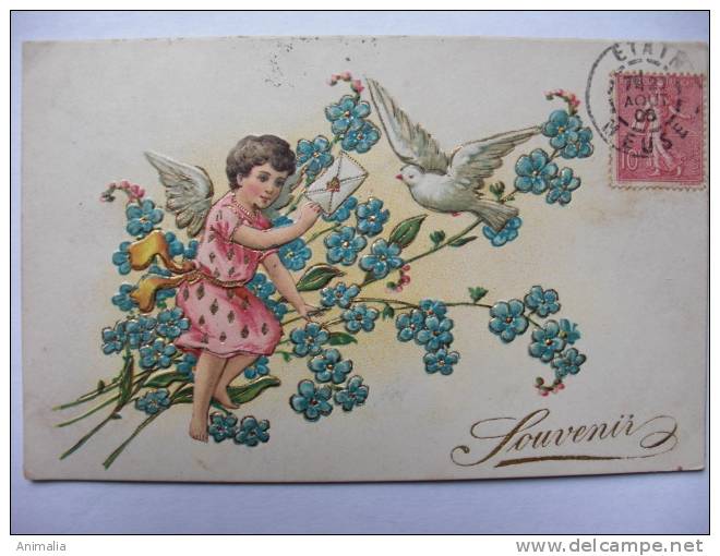 Angelot Angel Cupid Gaufrée Embossed  2 Cartes Set Of 2 Violettes Myosotis Colombes - Anges