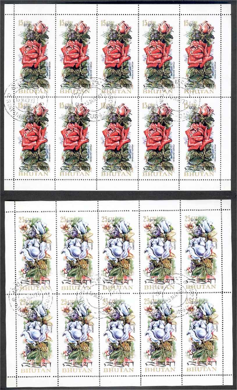 Scented Roses, Wonderful Perfumed Set Of 6 Stamps From 1973 In Minisheets Of 10 - Bhutan