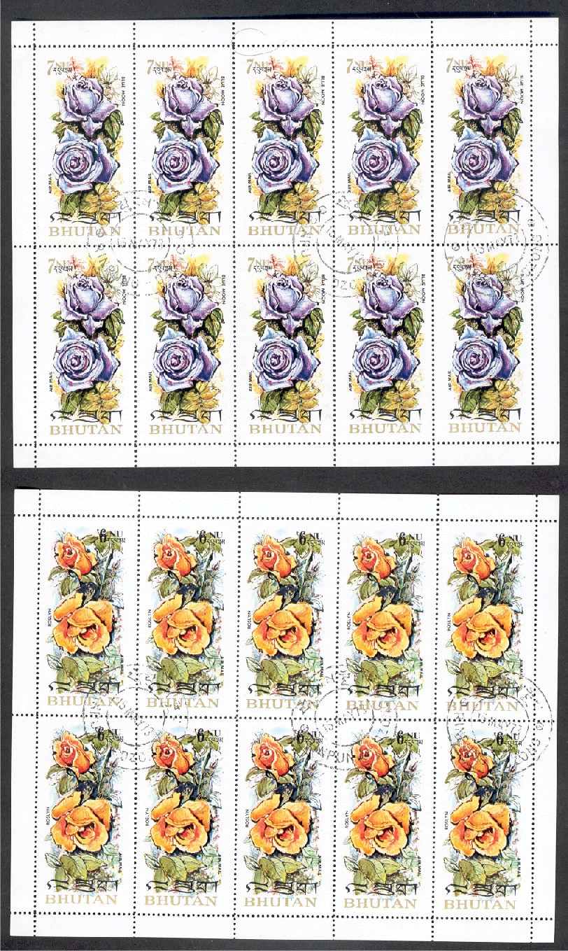 Scented Roses, Wonderful Perfumed Set Of 6 Stamps From 1973 In Minisheets Of 10 - Bhoutan