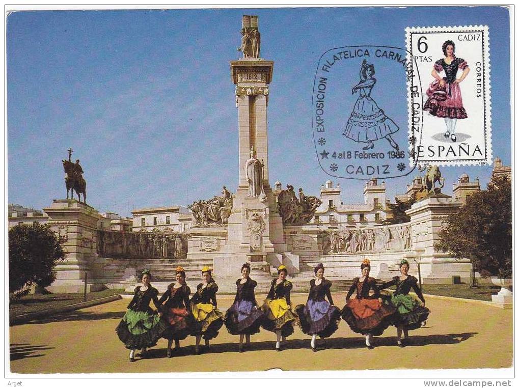 Carte Maximum ESPAGNE  N°Yvert 1459 (Costumes De Cadiz) Obl  Sp Ill 1986 - Tarjetas Máxima