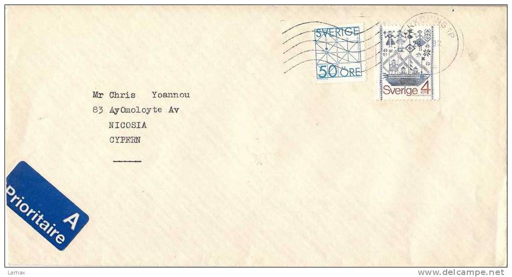 EMBROIDERY - INCOMING  - SWEEDEN TO CYPRUS - SLOGAN - THE WARMER WELLCOME -  AIR MAIL COVER (3912-13) - Briefe U. Dokumente