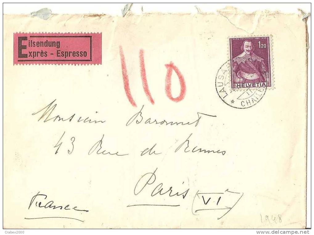 N° Y&t 364   Lettre   LAUSANNE       Vers    FRANCE     Le   11 AVRIL1948 - Covers & Documents