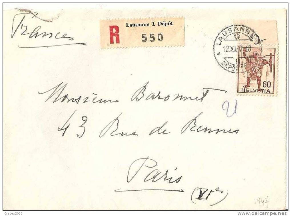 N° Y&t 359   Lettre   LAUSANNE       Vers    FRANCE     Le   12 NOVEMBRE 1947 - Cartas & Documentos