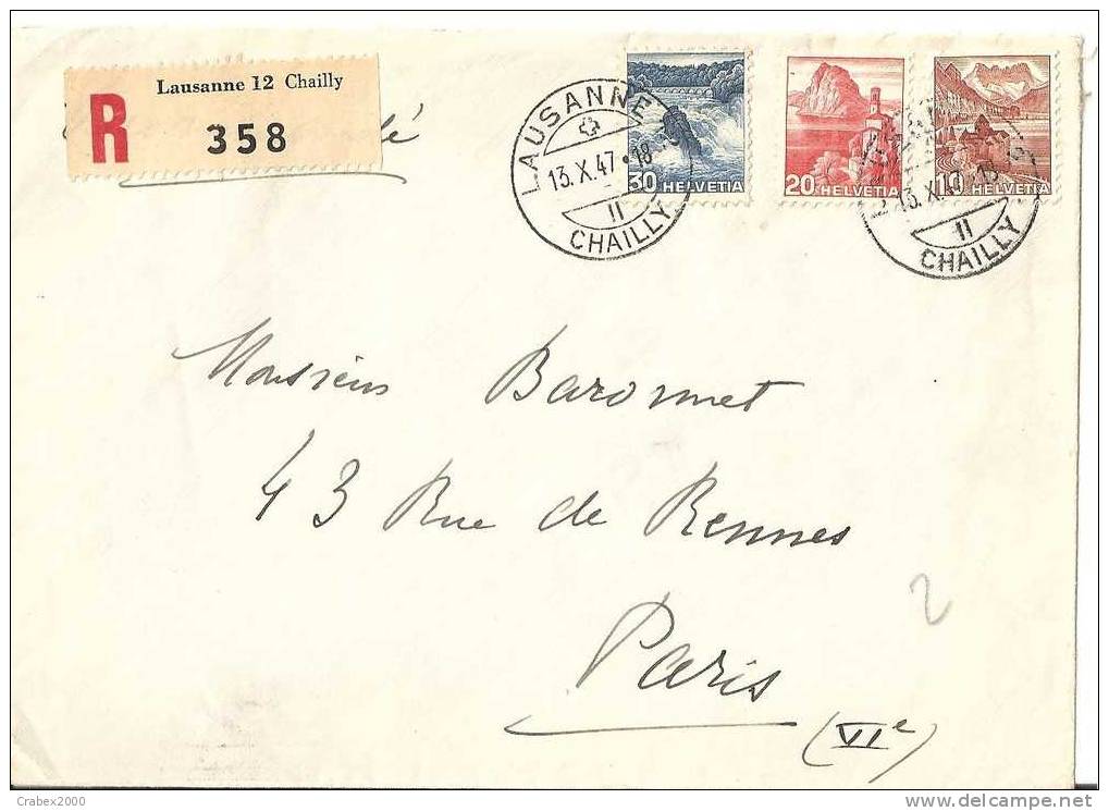 N° Y&t 293+295+348   Lettre   LAUSANNE       Vers    FRANCE     Le   13 OCTOBRE 1947 - Cartas & Documentos