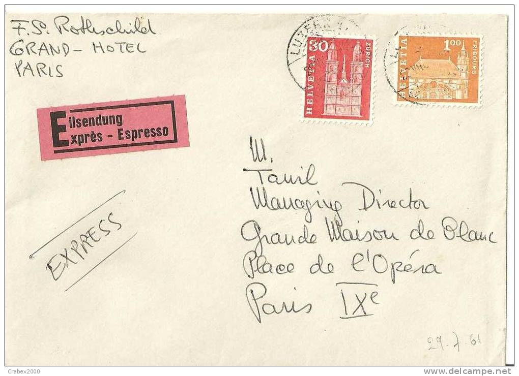 N° Y&t 648+657   Lettre   LUCERNE       Vers    FRANCE     Le   28 JUILLET1961 - Covers & Documents