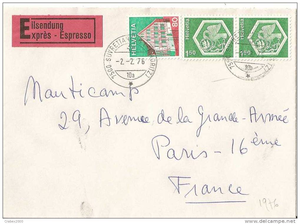 N° Y&t 942+970  Lettre   SUVRETTA        Vers    FRANCE   Le   02 FEVRIER1976 - Storia Postale