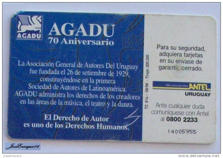 TC 81a URUGUAY, AGADU 1929-1999 70 AÑOS - AUTORES - Author - AUTEURS - Uruguay