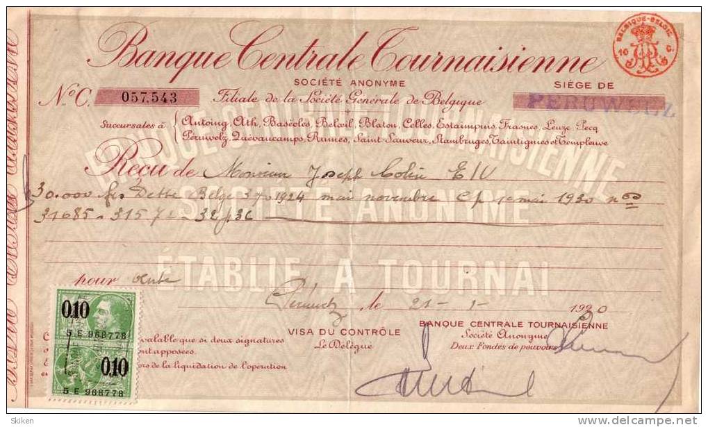 PERUWELZ Banque Centrale  Tournaisienne Siege De Peruwelz  Suc Antoing Ath Basecles Beloeil Blaton Celles ..21.01.1930 - Autres & Non Classés