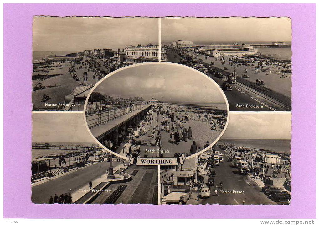 Worthing. 1959.ROYAUME-UNI. CP Multivues  Beach Chalets. Marine Parade West  Band Enclosure Marine Parade.. - Worthing