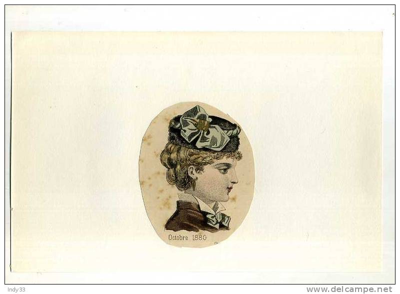 - TETE DE FEMME COIFFEE . GRAVURE DE MODE DU XIXe S. DECOUPEE ET COLLEE SUR PAPIER A DESSIN - Headdresses, Hats, Caps