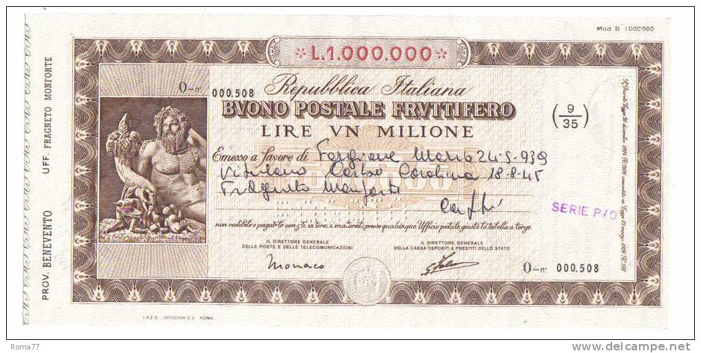 Un Buono Postale Fruttifero Da 1.000.000 Di Lire - Bank En Verzekering