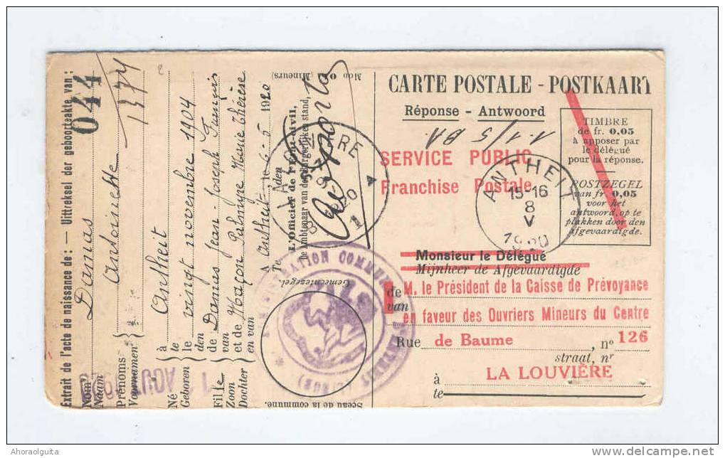 Carte Caisse De Retraite ANTHEIT 1920 - Cachet De La Commune Au Recto --  NN973 - Folletos De La Oficina De Correos