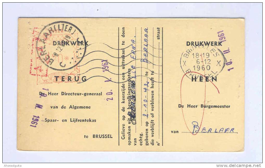 Carte Caisse De Retraite BERLAAR (LIER) 1960 - Cachet De La Commune Au Verso --  NN976 - Folletos De La Oficina De Correos