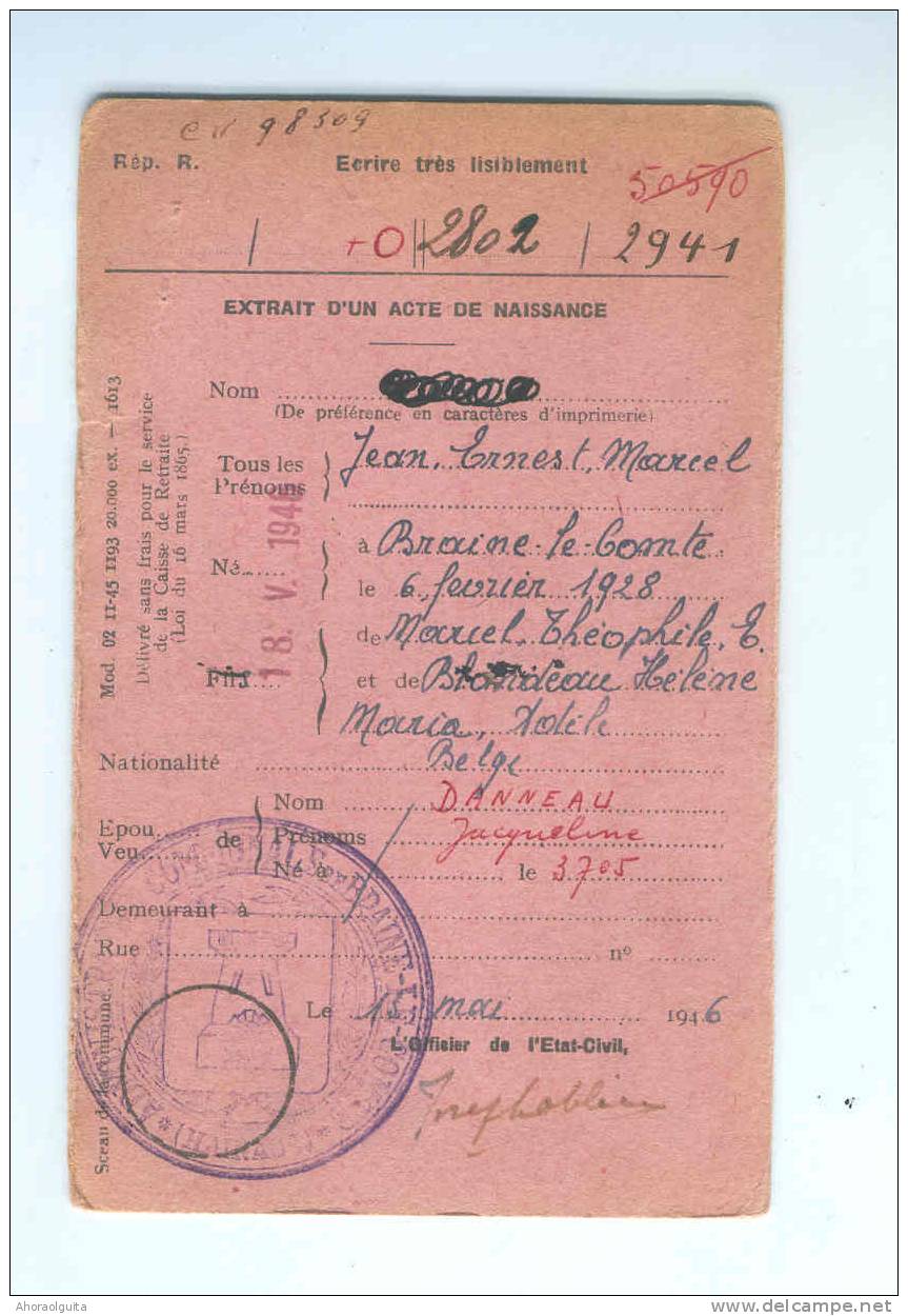 Carte Caisse De Retraite BRAINE LE COMTE 1946 - Cachet De La Commune Au Verso --  NN982 - Post-Faltblätter