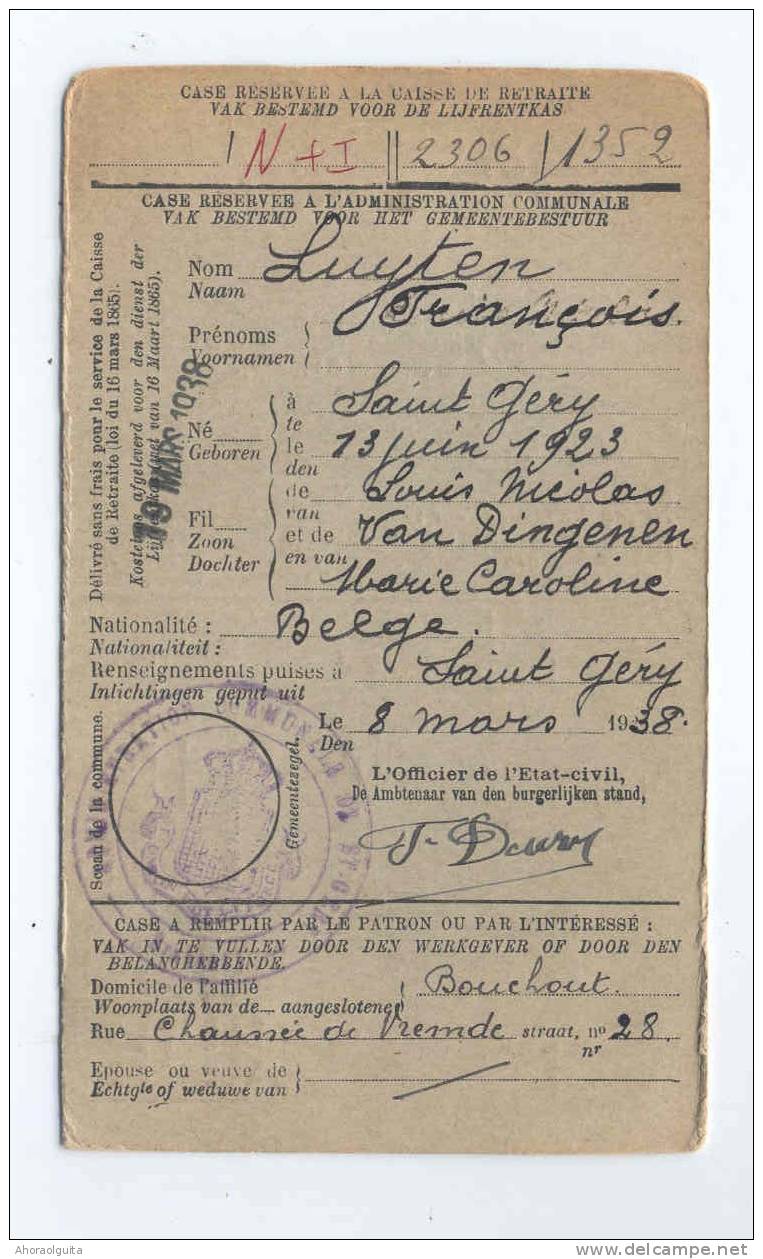 Carte Caisse De Retraite CHASTRE VILLEROUX 1938 - Cachet De La Commune De ST GERY Au Verso --  NN984 - Volantini Postali