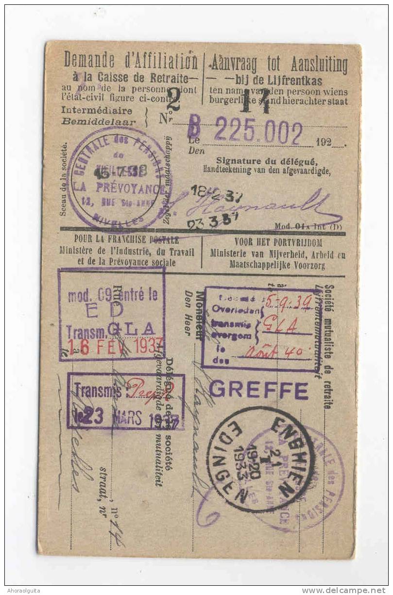 Carte Caisse De Retraite ENGHIEN EDINGEN 1933 - Cachet De La Commune Au Verso --  NN986 - Postkantoorfolders