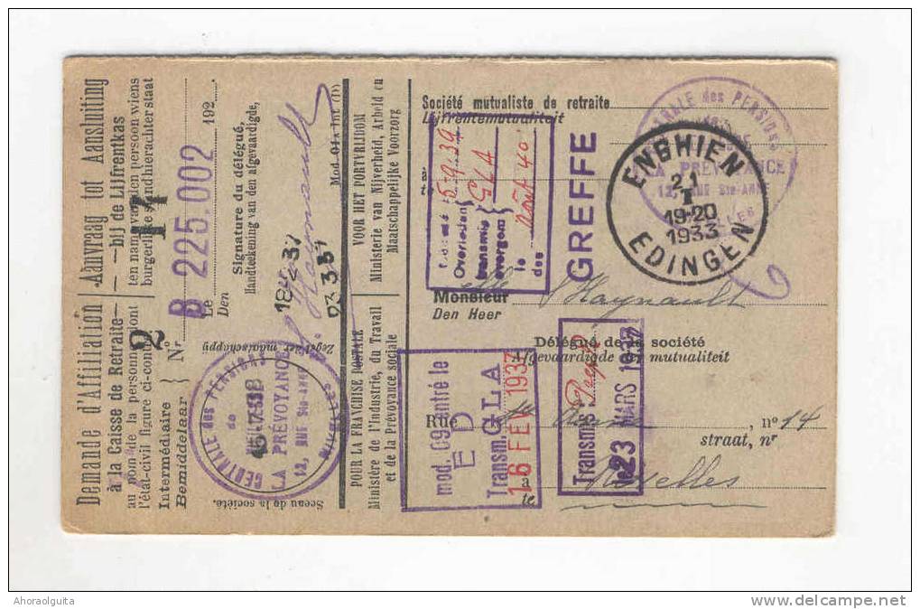 Carte Caisse De Retraite ENGHIEN EDINGEN 1933 - Cachet De La Commune Au Verso --  NN986 - Folletos De La Oficina De Correos