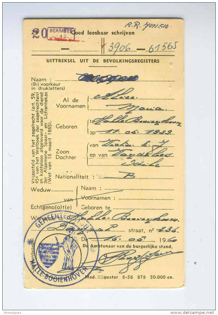 Carte Caisse De Retraite HALLE BOOIENHOVEN 1960 - Cachet De La Commune Au Verso --  NN990 - Folletos De La Oficina De Correos