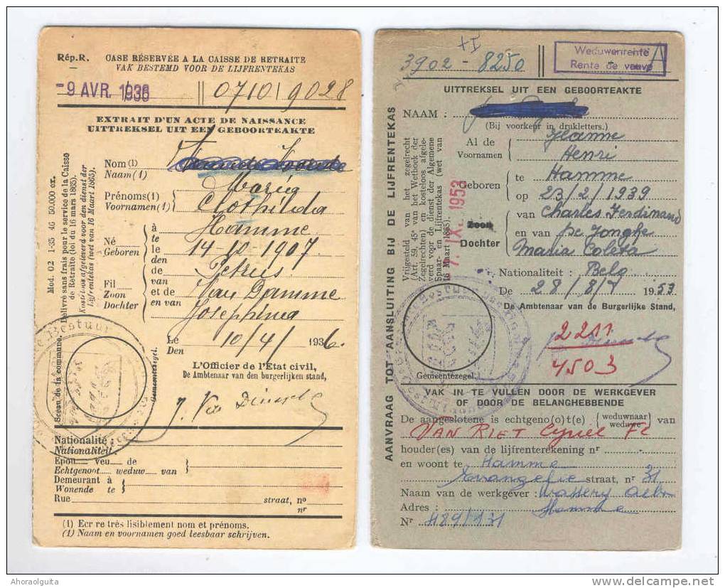 2 X Carte Caisse De Retraite HAMME VL 1936/53 - Cachets De La Commune Au Verso --  NN992 - Post Office Leaflets
