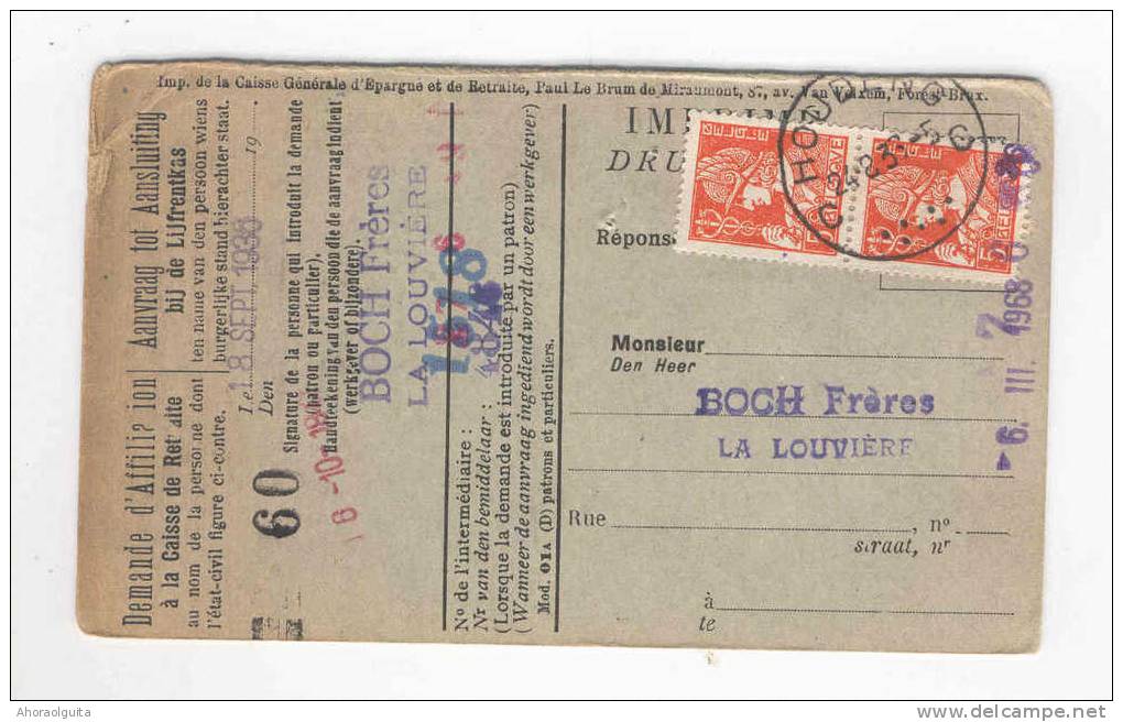 Carte Caisse De Retraite TP Mercure 2 X 5 C HOUDENG 1933 - Cachet De La Commune De HOUDENG GOEGNIES Au Verso --  NN996 - Dépliants De La Poste