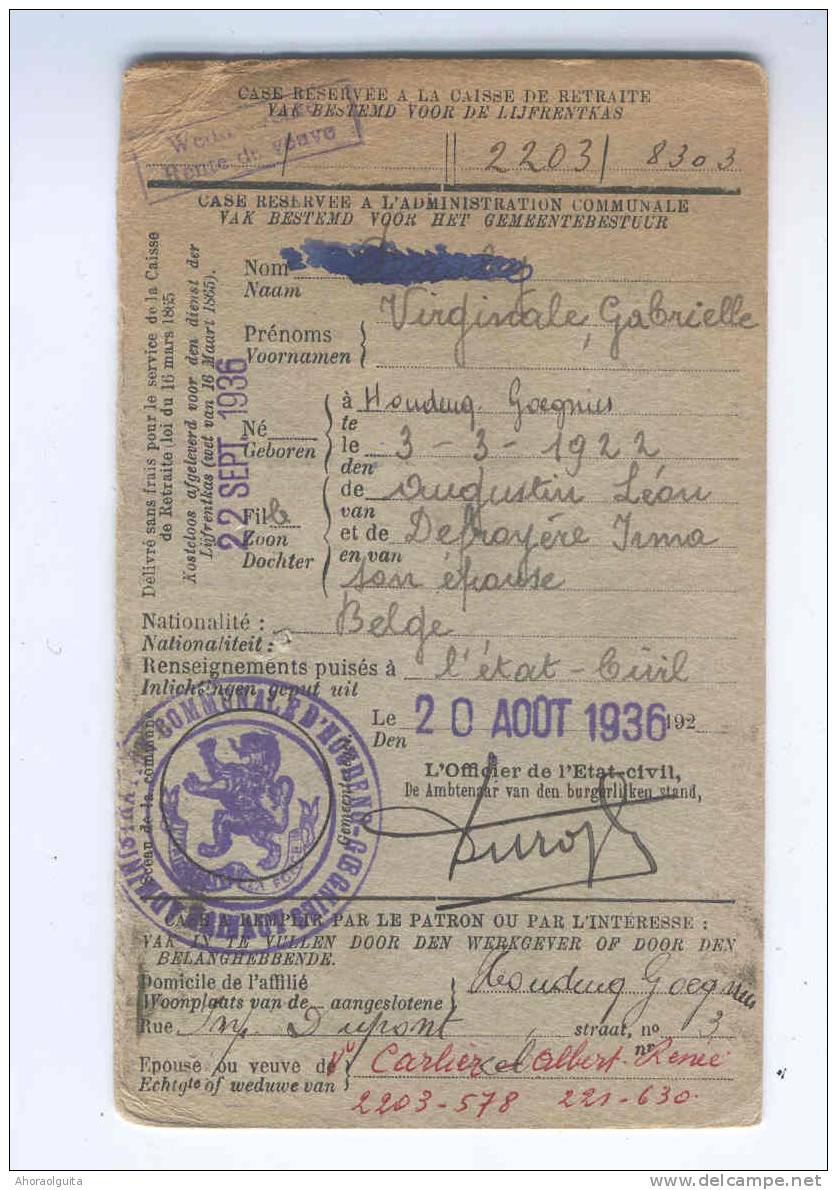 Carte Caisse De Retraite TP Mercure 2 X 5 C HOUDENG 1933 - Cachet De La Commune De HOUDENG GOEGNIES Au Verso --  NN996 - Postkantoorfolders