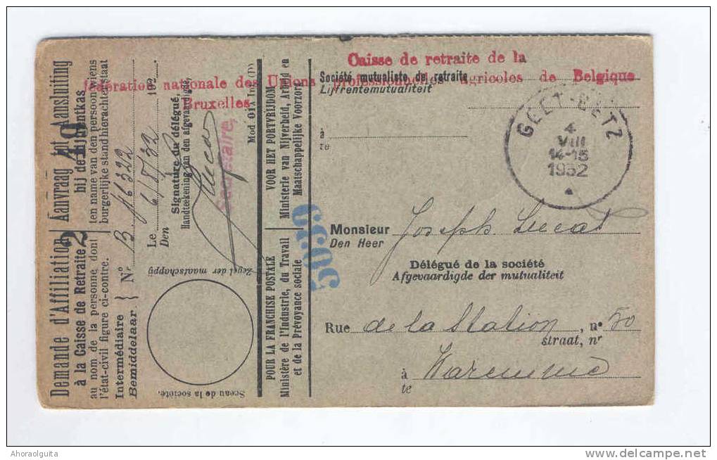 Carte Caisse De Retraite GEET BETZ 1932 - Cachet De La Commune De CORTENAEKEN Au Verso --  NN999 - Postkantoorfolders