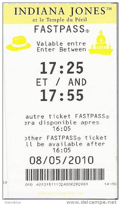 Eurodisney - Indiana Jones Fast Pass - Disney-Pässe