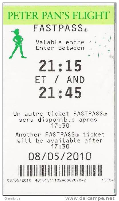 Eurodisney  Peter Pan's Flight Fast Pass - Passeports Disney