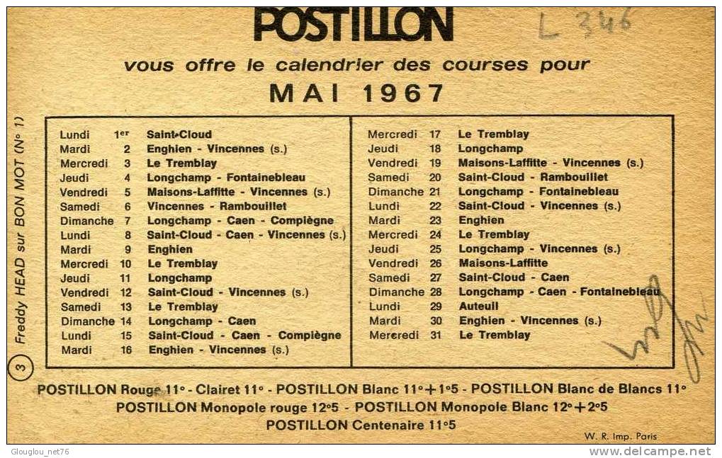 LE CALENDRIER DES COURSES MAI 1967 OFFET PAR POSTILLON...CPSM PETIT FORMAT ANIMEE - Reitsport