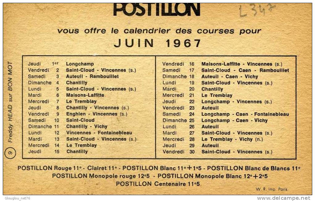 LE CALENDRIER DES COURSES JUIN 1967 OFFET PAR POSTILLON...CPSM PETIT FORMAT ANIMEE - Reitsport