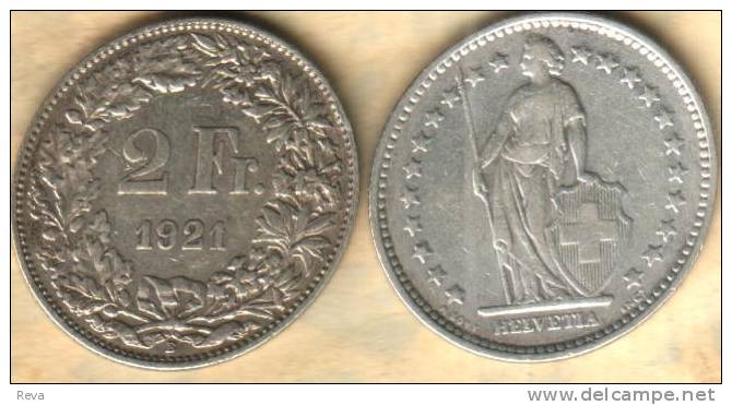 SWITZERLAND 2 FRANCS  WREATH  FRONT WOMAN  BACK 1921 AG SILVER   READ DESCRIPTION CAREFULLY !!! - Andere & Zonder Classificatie