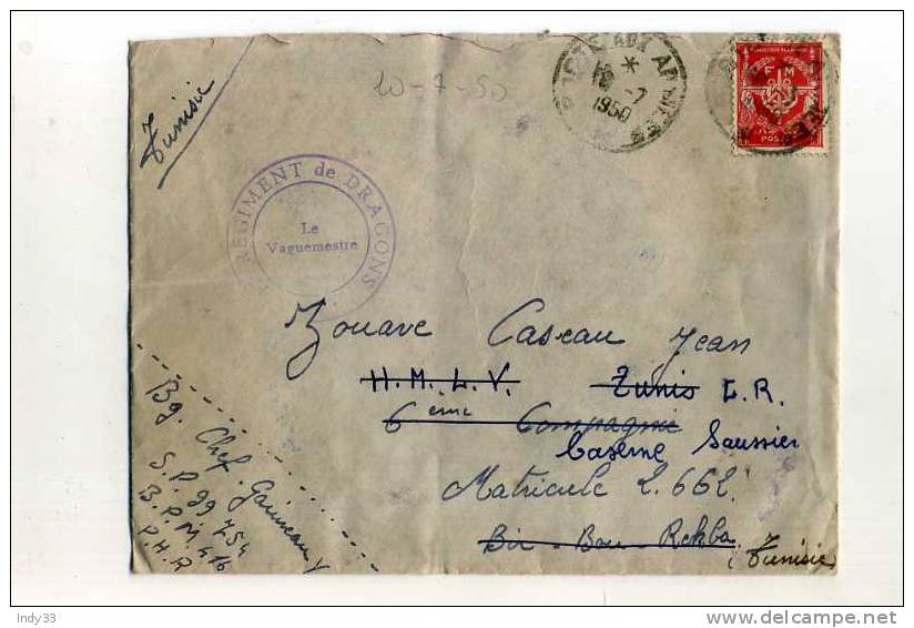 - FRANCE . ENVELOPPE TIMBREE FM AVEC N°12 . CACHET POSTE AUX ARMEES 1950 . TAMPON DU 12e REGIMENT DE DRAGONS . TUNISIE - Militaire Zegels