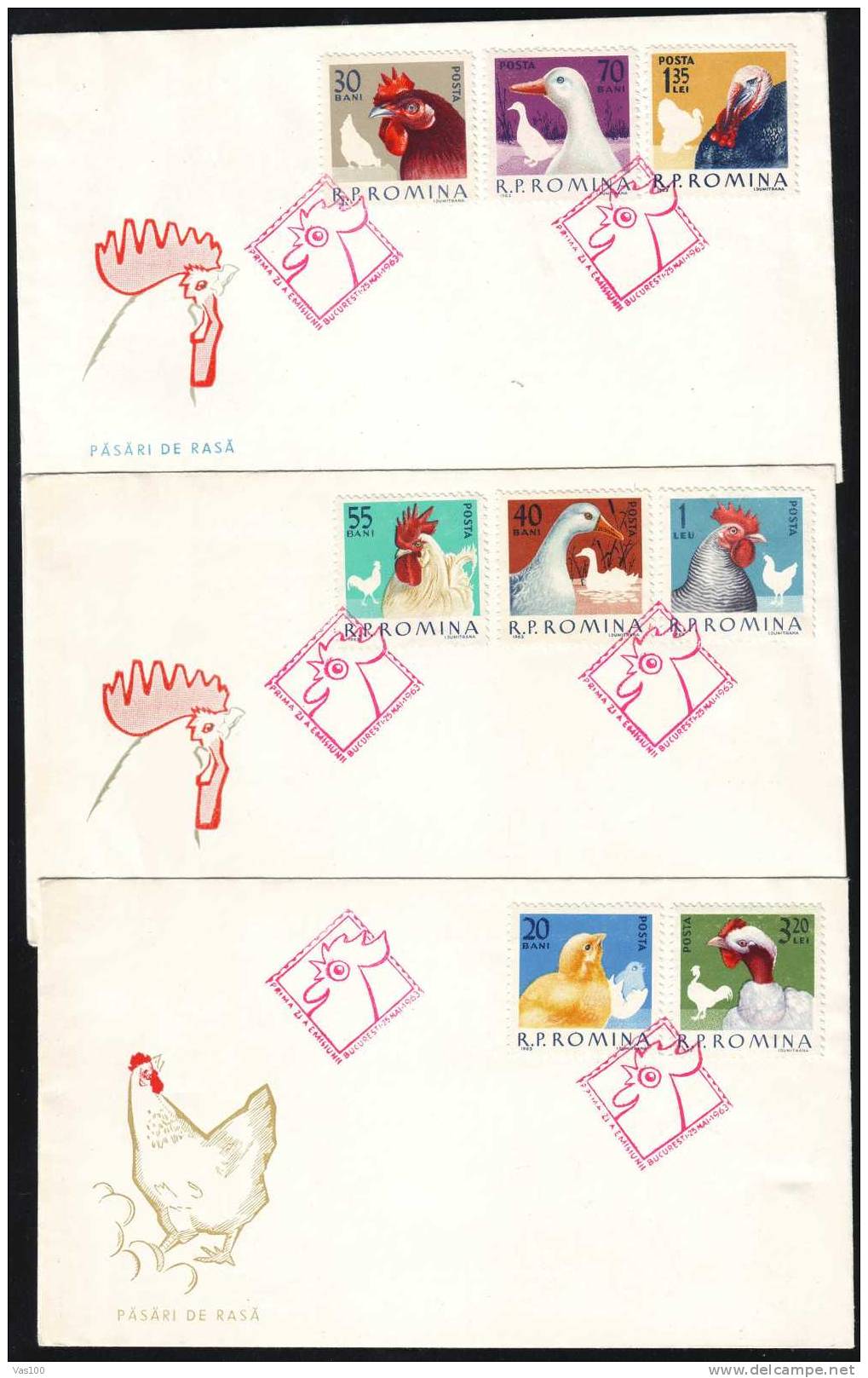 ROMANIA 1963 FDC  3 Covers,GALLINACEES,chicken,very Nice. - Galline & Gallinaceo